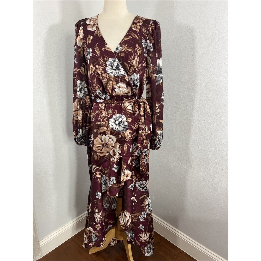 Express Maxi Dress Women M Floral Burgundy Surplice Ruffle Hi Lo Vacation Beach